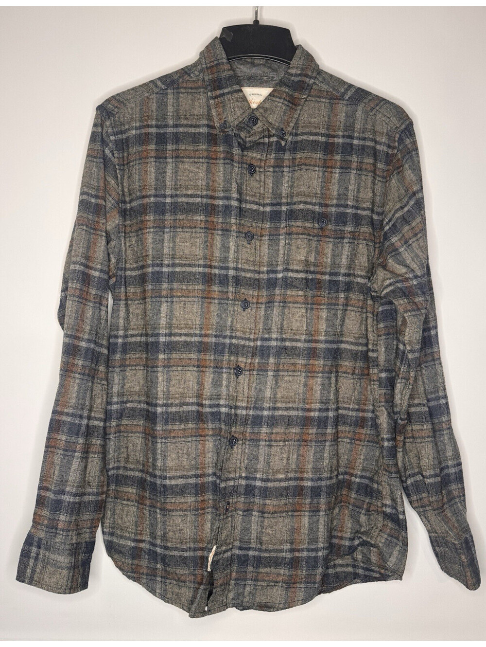 Men's Regular Plaid Cotton Flannel Button-Up Shirt Long Sleeve Gray Blue Brown